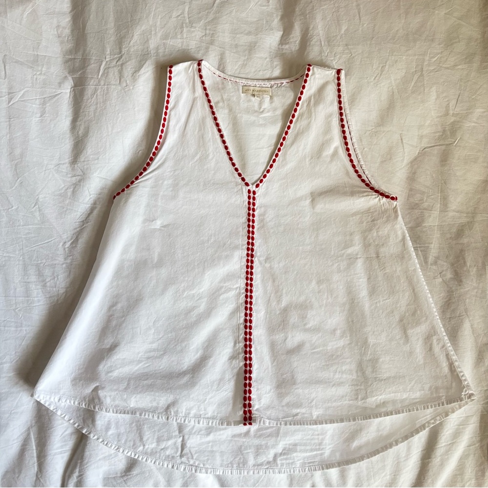 White Poplin Sleeveless Top with Red Embroidery